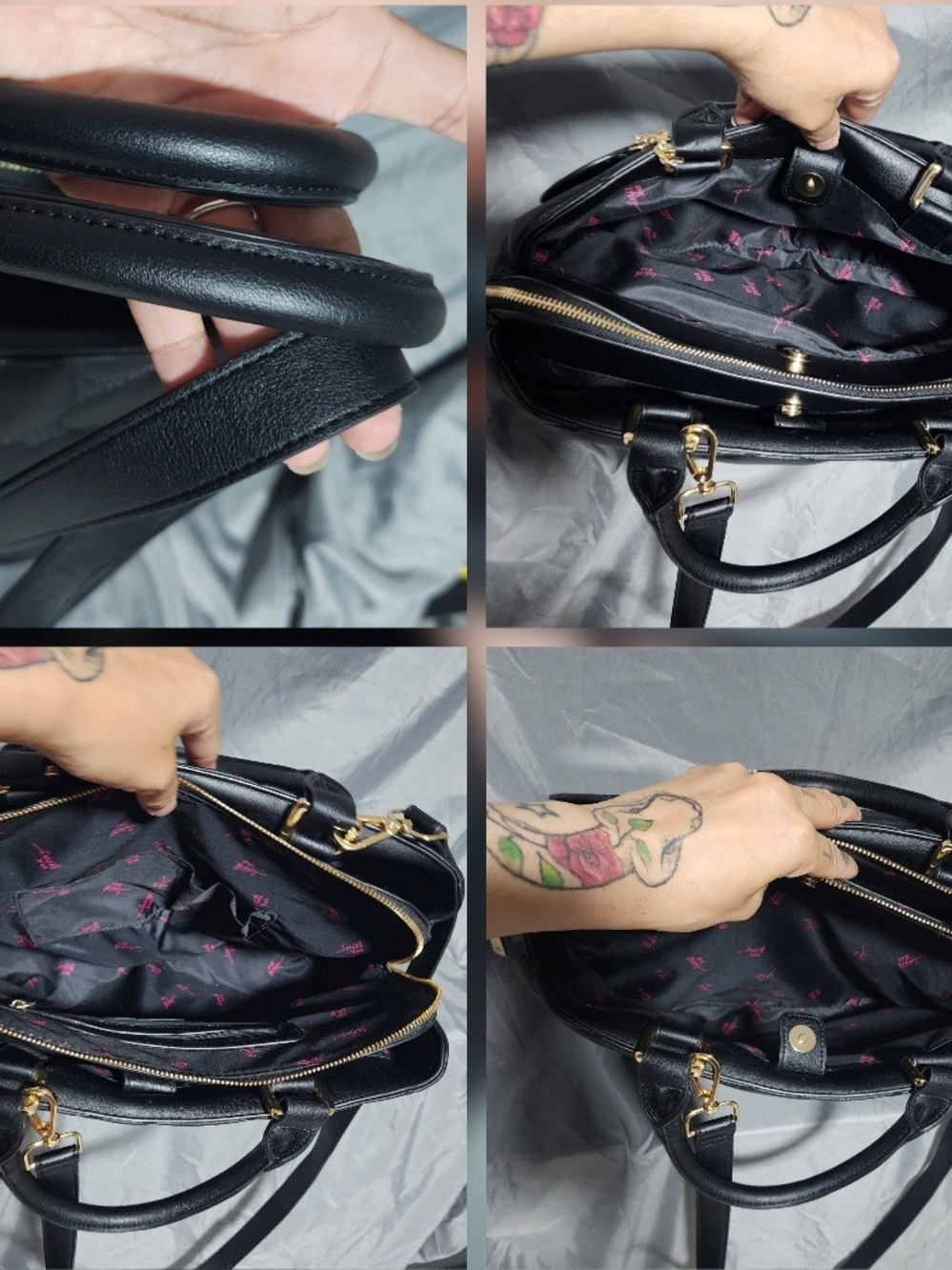 Betsey Johnson Large Black Quilted Puffy Heart Pattern Satchel Shoulderbag Purse - Picture 7 of 8